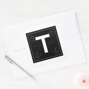Frame en Flourish Monogram Letter T op Wit Vierkante Sticker
