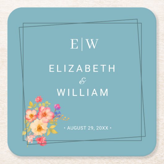  Frame with Roses, Wedding style on retro blue Kartonnen Onderzetters (Voorkant)