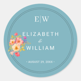  Frame with Roses, Wedding style on retro blue Ronde Sticker