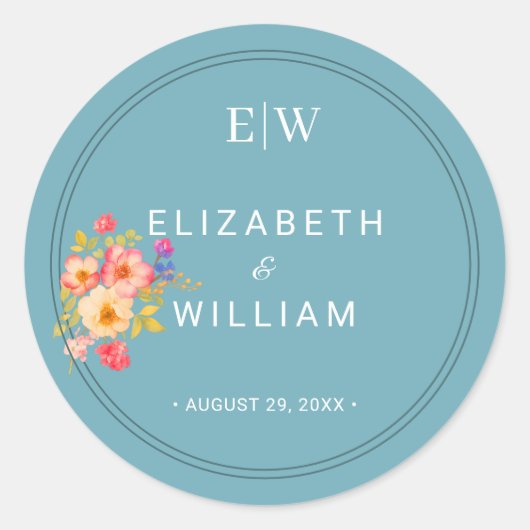  Frame with Roses, Wedding style on retro blue Ronde Sticker (Voorkant)