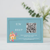  Frame with Roses, Wedding style on retro blue RSVP Kaartje (Staand voorkant)