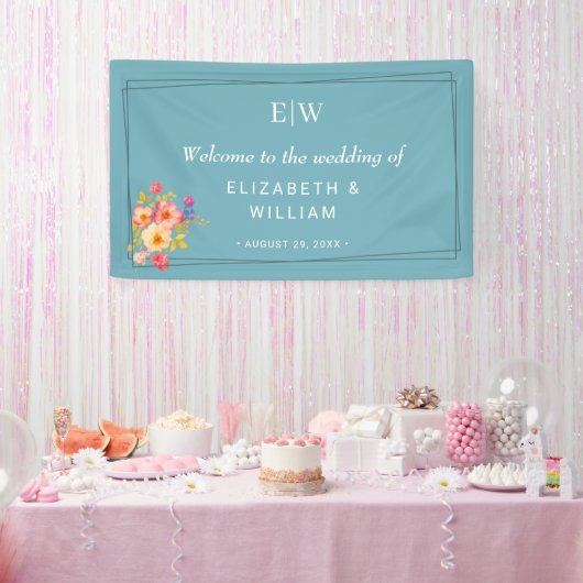 Frame with Roses, Wedding style on retro blue Spandoek (Feest)