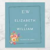 Frame with Roses, Wedding style on retro blue Wijn Etiket (Enkel label)