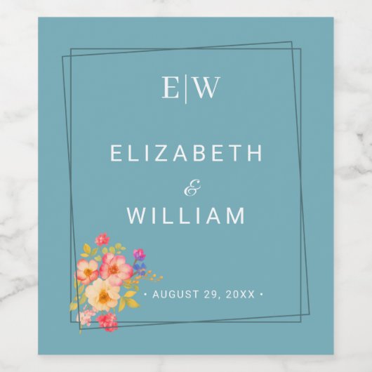  Frame with Roses, Wedding style on retro blue Wijn Etiket (Enkel label)