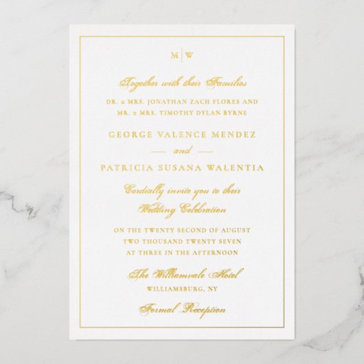 Framed Elegant Monogram Gold Foil Wedding Invite Folie Uitnodiging (Voorkant)