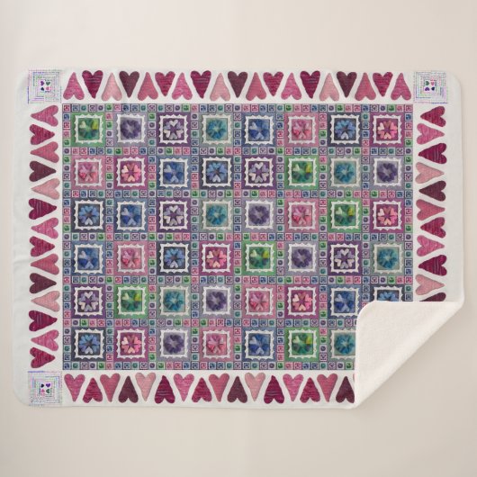 Framed Hearts Patchwork Fleece Blanket Sherpa Deken (Voorkant (horizontaal))