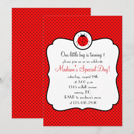 Framed ladybug-verjaardagsfeestuitnodiging kaart (Voorkant / Achterkant)
