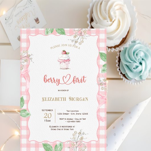 Framed Plaid Babyshower met Aardbeien Cupcake Kaart