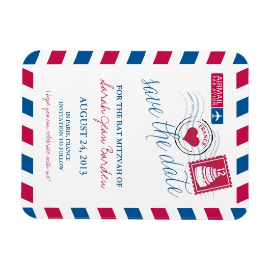 FRANCE Air Mail Bat Mitzvah Bewaar de datum 3x4 Magneet (Horizontaal)
