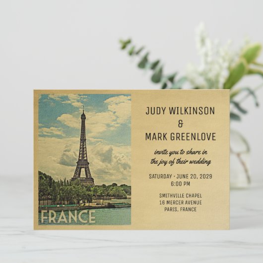 France Wedding Invitation Paris Eiffel Tower Kaart (Staand voorkant)