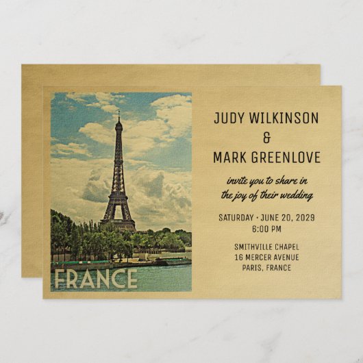 France Wedding Invitation Paris Eiffel Tower Kaart (Voorkant / Achterkant)