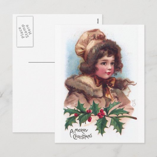 Frances Brundage: Winter Girl met Holly Feestdagenkaart (Voorkant / Achterkant)