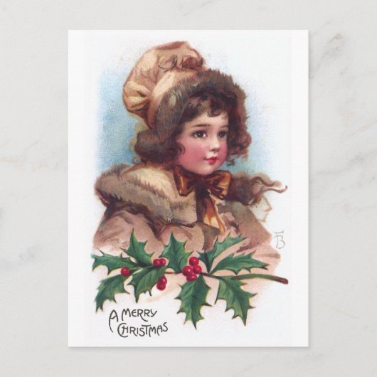 Frances Brundage: Winter Girl met Holly Feestdagenkaart (Voorkant)