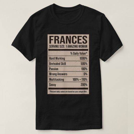 Frances Nutrition Facts Name Nickname Alias Titel T-shirt (Design voorkant)