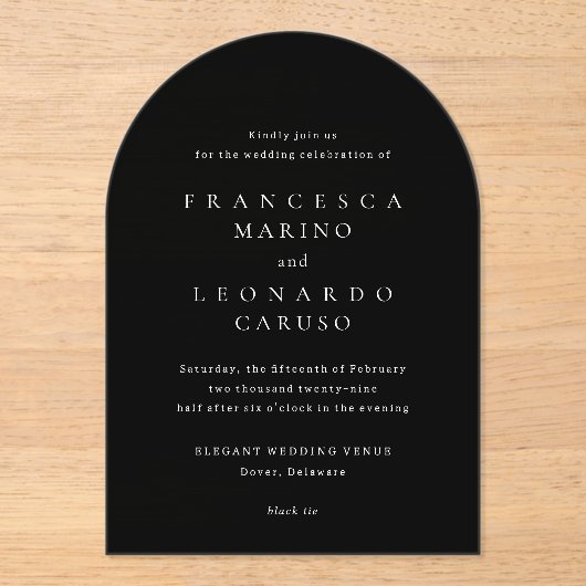 Francesca Black Classic Wedding Acryl Uitnodigingen (Voorkant)