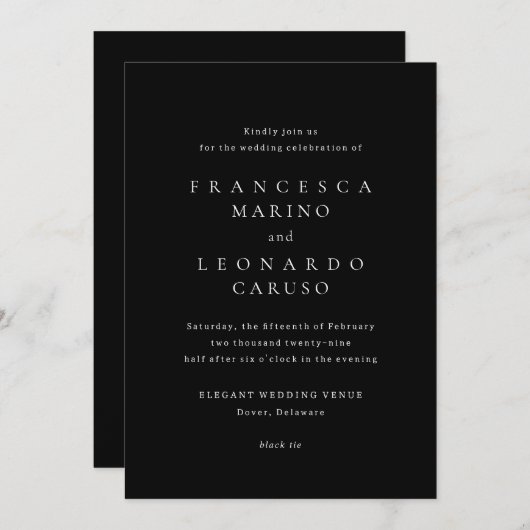 Francesca Black Classic Wedding Kaart (Voorkant / Achterkant)
