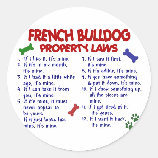 FRANCH BULLDOG Property Laws 2 Ronde Sticker (Voorkant)