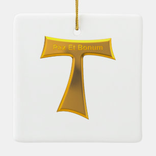 Franciscan Tau Cross Pax et Bonum Gold Metallic Keramisch Ornament