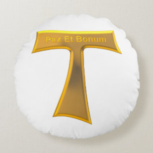 Franciscan Tau Cross Pax et Bonum Gold Metallic Rond Kussen