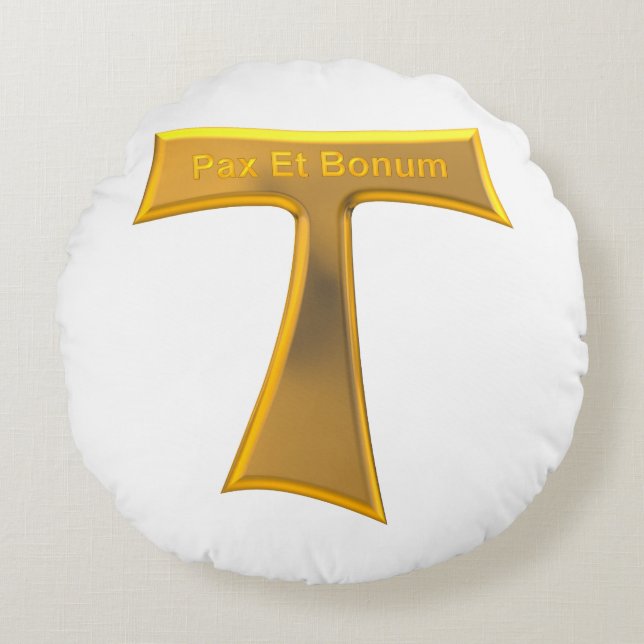 Franciscan Tau Cross Pax et Bonum Gold Metallic Rond Kussen (Voorkant)