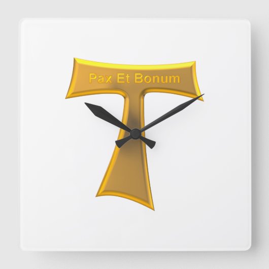 Franciscan Tau Cross Pax Et Bonum Gold Metallic Vierkante Klok (Voorkant)