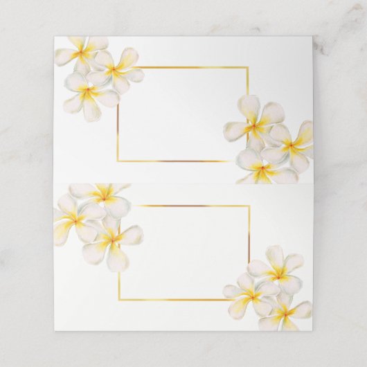 Frangipani bloemenbruiloft witgouden waterverf plaatskaartje (Buitenkant ongevouwen)