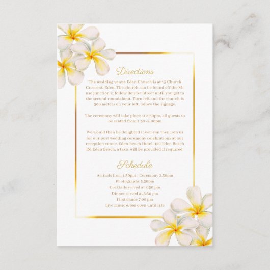 Frangipani geel wit bruiloft details informatiekaartje (Voorkant)
