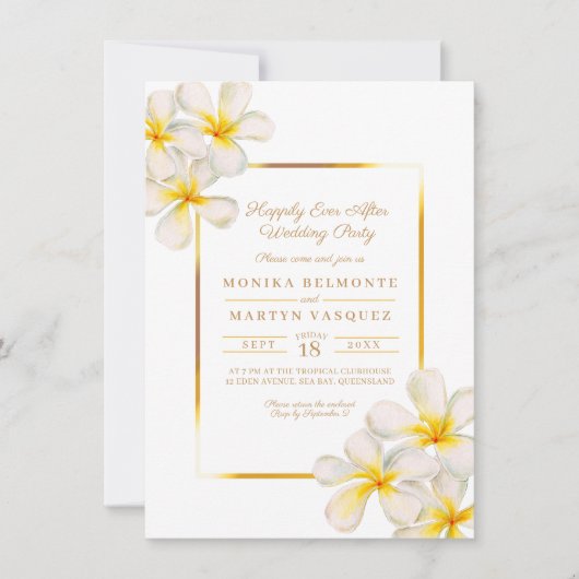 Frangipani goud tropisch na feest bruiloft kaart (Voorkant)