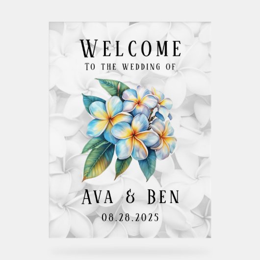 Frangipani Hawaiian Floral Wedding Welkom Acryl Bord (Voorkant)