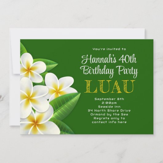 Frangipani Hawaiian Luau Party Groene Uitnodiginge Kaart (Voorkant)