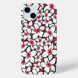 Frangipani Patroon Fuchsia Roze en Wit iPhone 15 Mini Hoesje