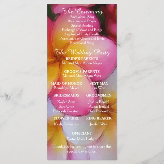 Frangipani Plumeria Bloemen Trouwprogramma Programmakaart (Achterkant)