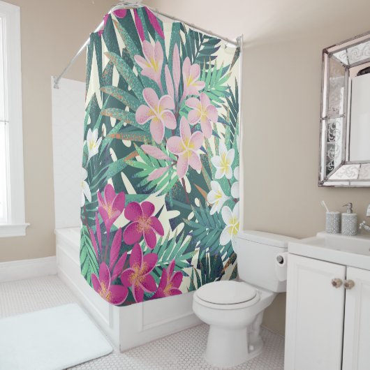 Frangipani Tropical: roze-wit . Douchegordijn (In situ)