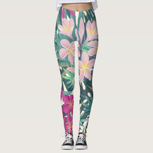 Frangipani Tropical: roze-wit . Leggings (Voorkant)