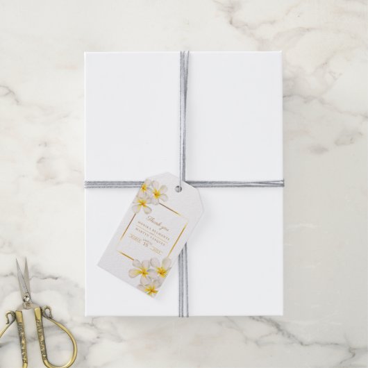 Frangipani white Gold tropical flower art bruiloft Cadeaulabel (Met Touw)