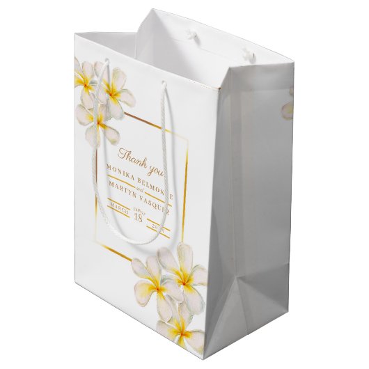 Frangipani white Gold tropical flower art bruiloft Medium Cadeauzakje (Achterkant Gekanteld)