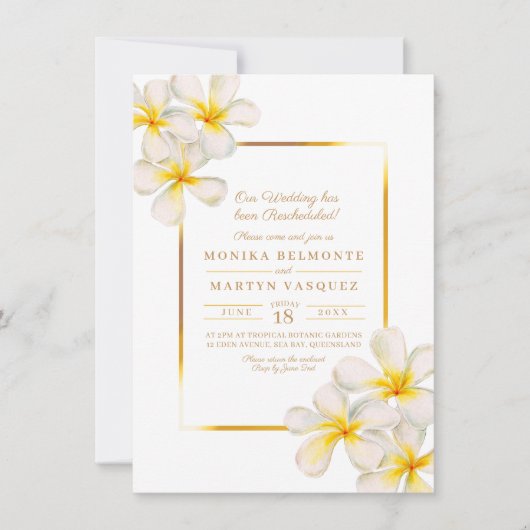 Frangipani wit goud tropisch verlegd huwelijk kaart (Voorkant)