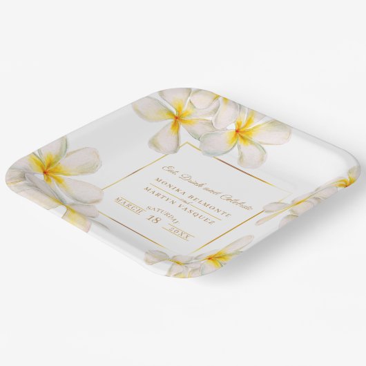 Frangipani wit goud tropische bruiloft papieren bordje (Gebogen)
