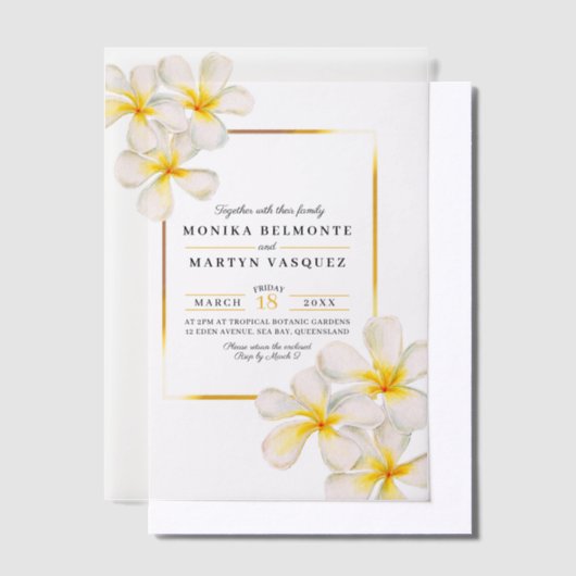 Frangipani wit goud tropische bruiloft vellum uitnodigingen (Offset)