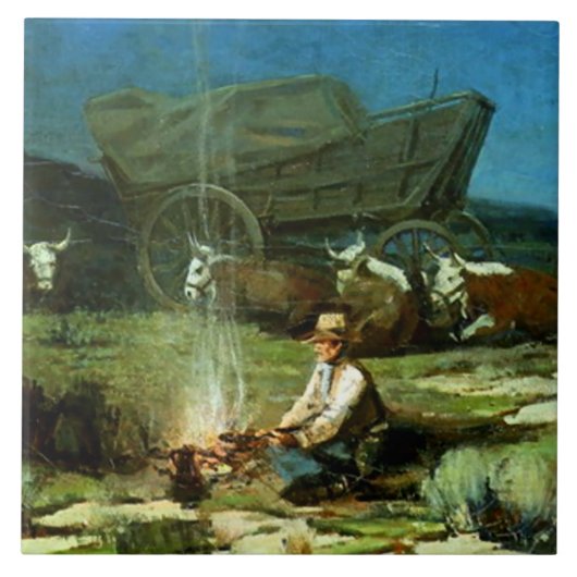 Frank Tenney Johnson Westerse kunst "Eenzame Nacht Tegeltje (Voorkant)