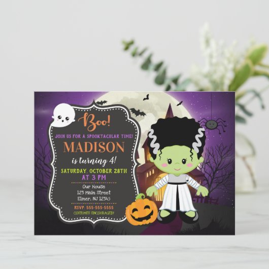 Frankenstein Bride Halloween Verjaardag Uitnodigin Kaart (Staand voorkant)