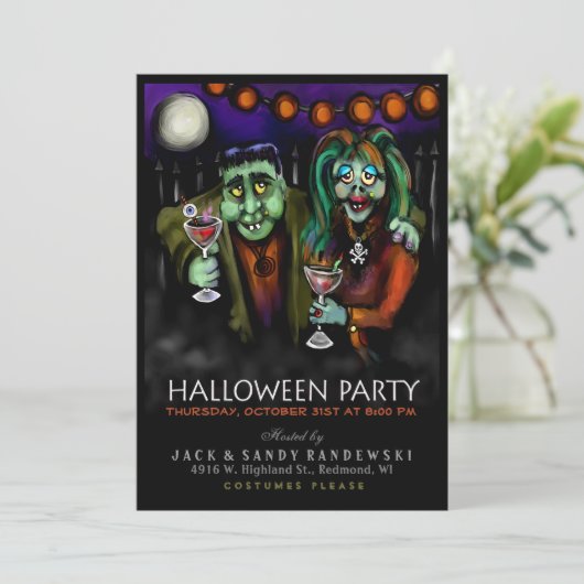 Frankenstein & Date Halloween Party Invite Kaart (Staand voorkant)