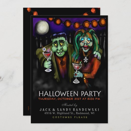 Frankenstein & Date Halloween Party Invite Kaart (Voorkant / Achterkant)
