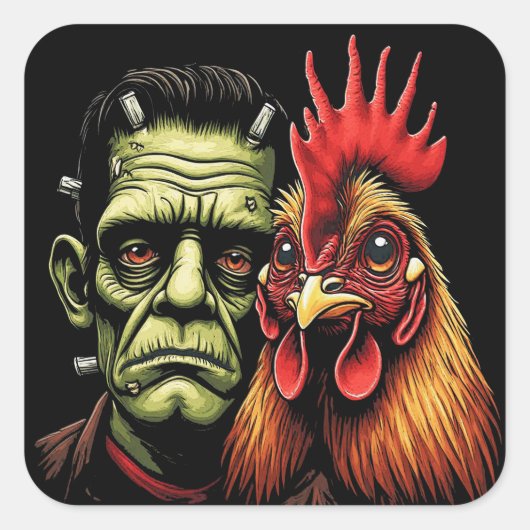 "Frankenstein & Earl" Chessy Chicken Selfies Vierkante Sticker (Voorkant)