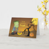Frankenstein Grappige Halloween Groet Kaart (Gele Bloem)
