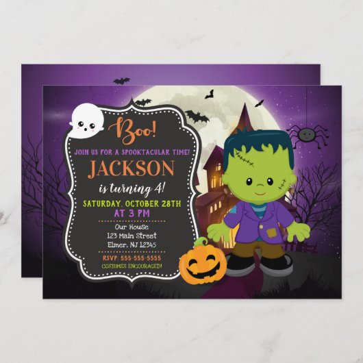 Frankenstein Halloween Birthday Uitnodiging (Voorkant / Achterkant)