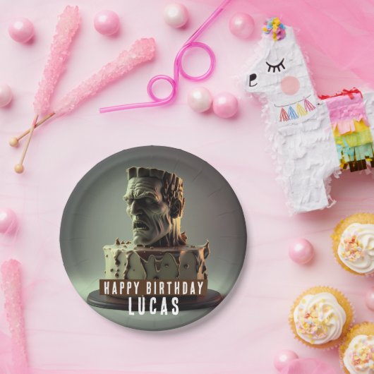 Frankenstein Hoofd Verjaardag Chocolade Cake - Papieren Bordje (Feest)
