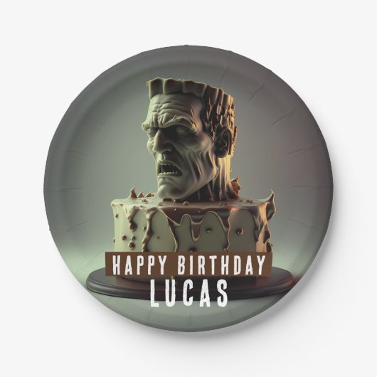 Frankenstein Hoofd Verjaardag Chocolade Cake - Papieren Bordje (Voorkant)