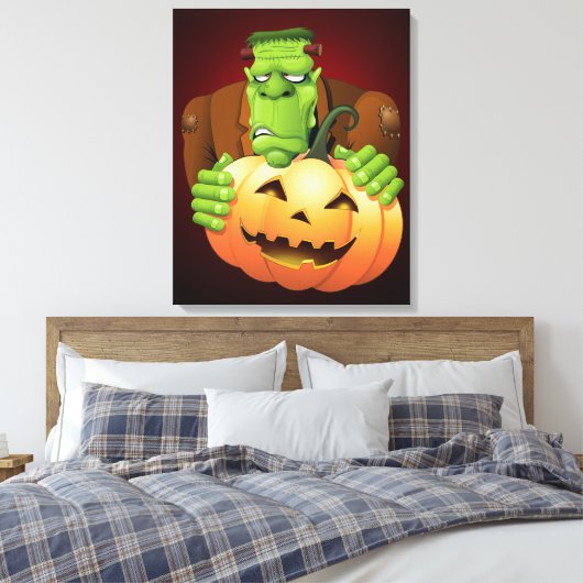 Frankenstein Monster Cartoon met pompoen Canvas Afdruk (Insitu (Slaapkamer))