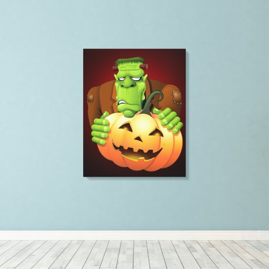Frankenstein Monster Cartoon met pompoen Canvas Afdruk (Insitu (Houten vloer))